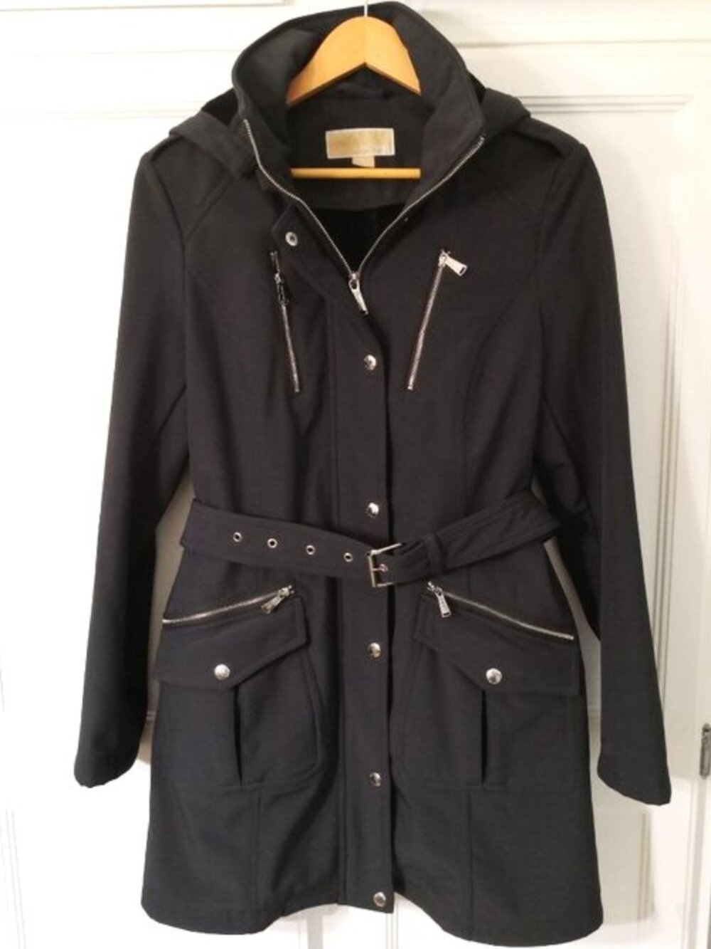 NWOT Michael Kors Softshell Belted Coat Hooded Plush Lining Black M